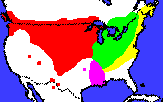 Mapka přirozeného výskytu želv pestrých.